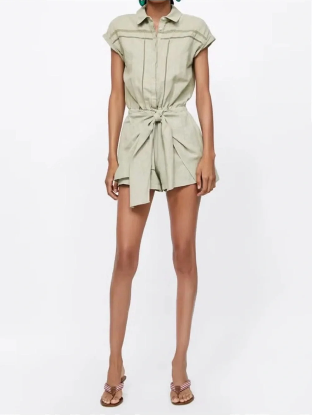 Zara Linen-Blend Tie-Waist Romper Skort in Sage Green